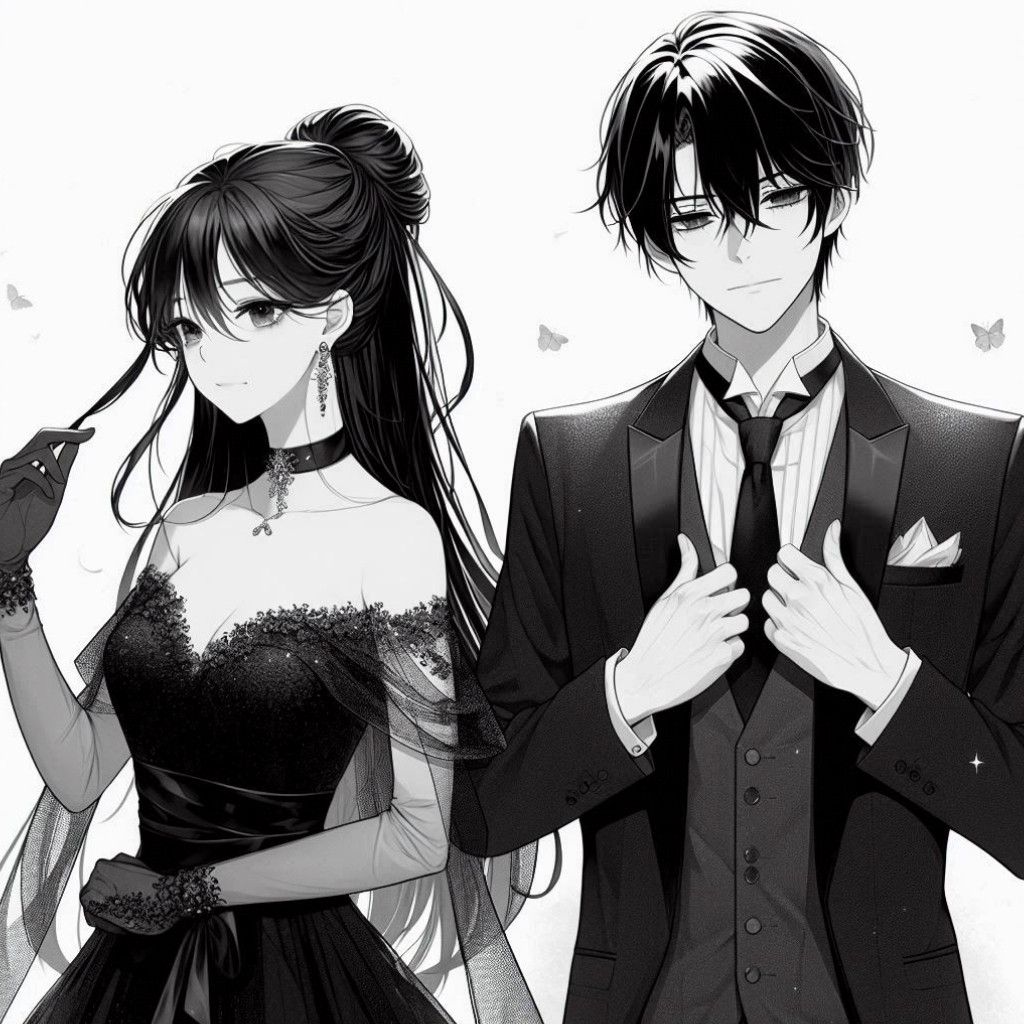 Hình ảnh cặp đôi anime đen trắng đơn giản