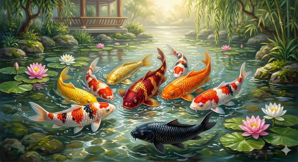 Ảnh nền cá chép hoa sen 4K chuẩn đẹp và sắc nét
